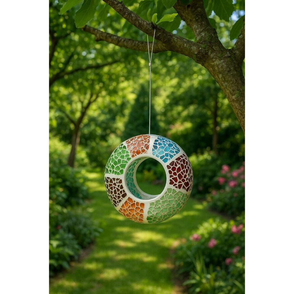 Mosaic Glass Hanging Bird Feeder – Colorful & Multi-Purpose Garden Accent